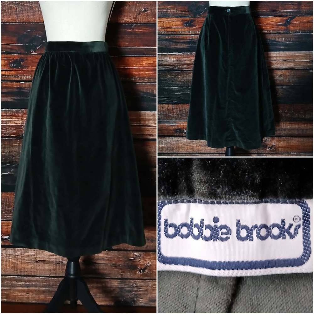Vintage Bobbie Brooks Midi Skirt Forest Green Velvet 28" Waist USA Union Made